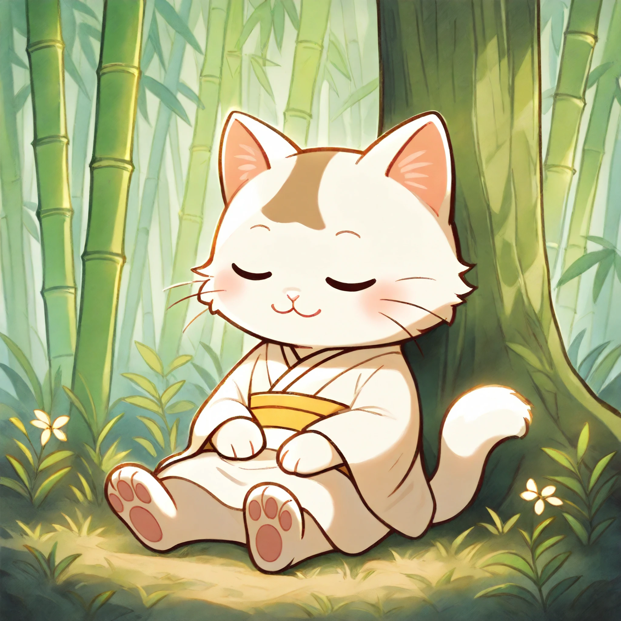 An anthropomorphic semi-human Ragdoll cat with a rounded face, soft white fur with light brown points, and symmetrical forward-facing ears is sitting calmly at the base of a large tree in a peaceful bamboo forest. The cat is wearing a traditional Japanese kimono with sleeves, featuring a subtle floral pattern. Its expression is gentle and relaxed with eyes closed, as if meditating. The soft natural light filters through the bamboo leaves, creating a serene and tranquil atmosphere. The full body is shown in a soft anime style with a 1:1 aspect ratio.