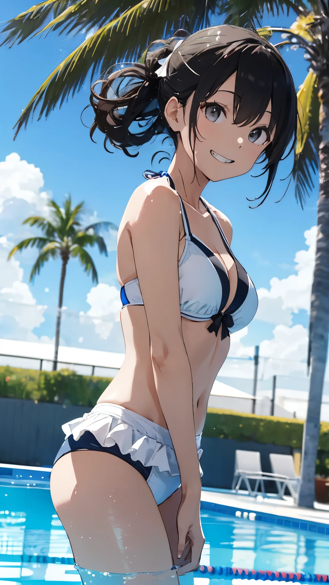 (best quality,4k,highres,masterpiece:1.2),adorable smiling girl,beautiful eyes,beautiful smile,garden setting,natural lighting,vivid colors,cute bikini,detailed flowers and plants,soft sunlight reflecting on water,playful expression,summer vibes,joyful atmosphere