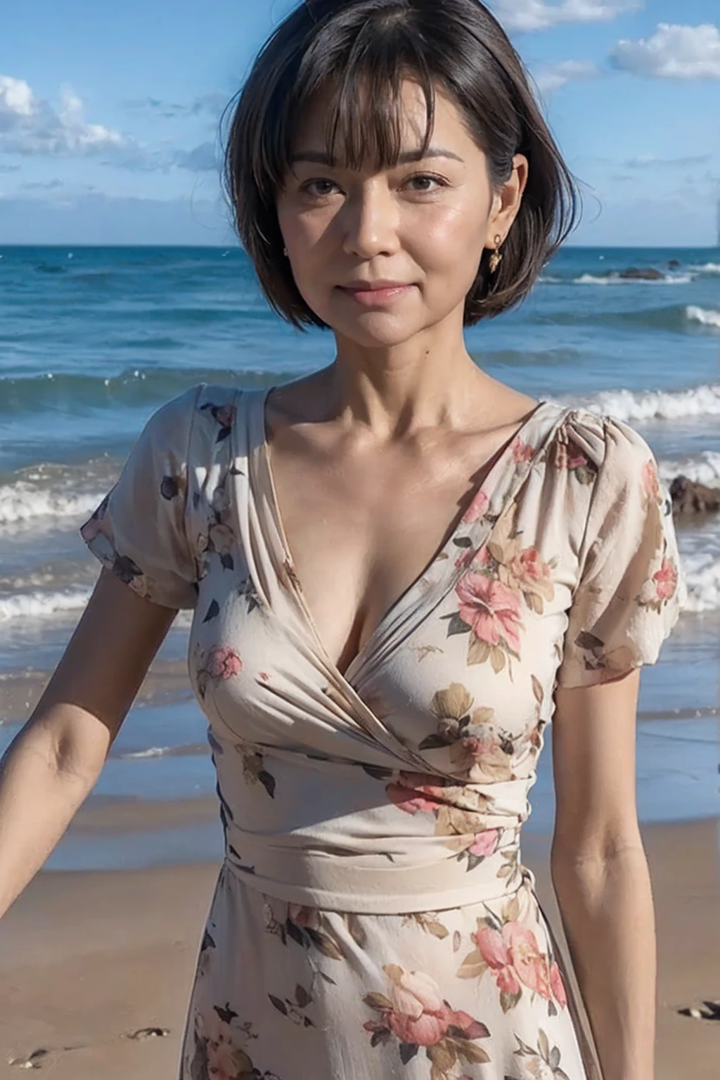 ((4K,8k,masterpiece))、photograph、Highest quality、Detailed face、High resolution、actually exists、Rare talent、Beautiful Eyes、Looking into the camera、1. Japanese、Mature Woman、cute、Natural Makeup、Bob Hair、Dark Eyes、４９age、Vibrant、Transparency、Sweaty skin、Swimsuit、Poolside、Chubby body、smile、Blur the background、Cowboy Shot
