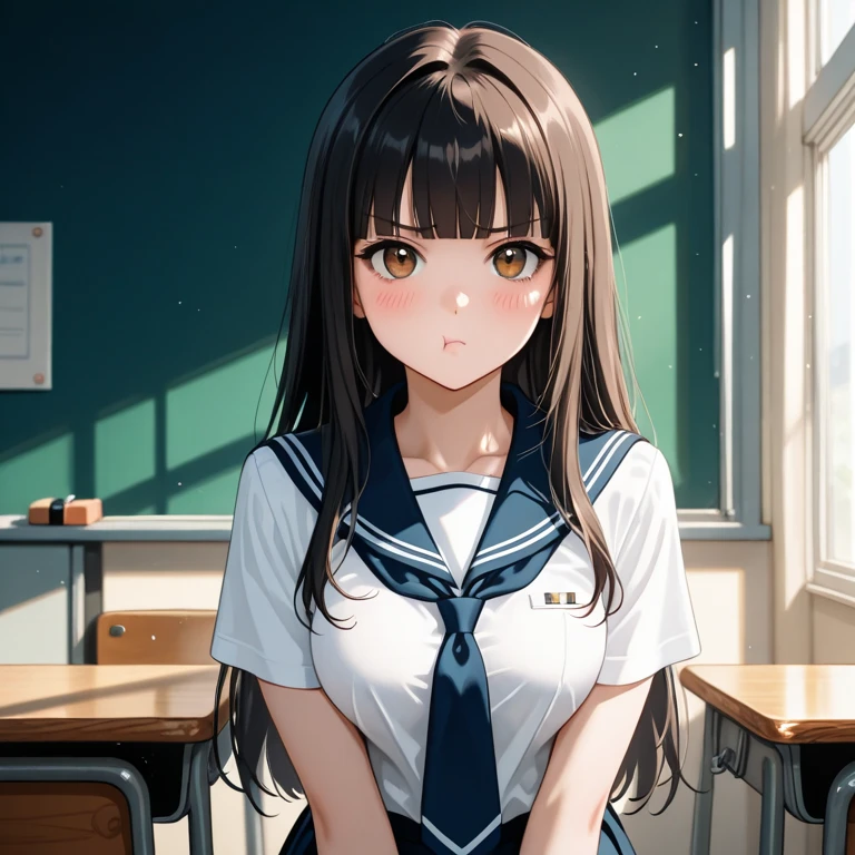 ((high quality, 8k, 4K, High Contrast, masterpiece:1.2, highest quality, Best aesthetics)),nsfw,bdsm,1 female,((beautiful and cute woman,in perspective,beautiful detailed face and eyes,gorgeous eyes)),The perfect 18 year old, Japanese、Brown Hair、Straight hair,long hair,blunt bangs,oily skin,A look of despair、tears,open mouth,drooling,small breasts, ideal ratio body proportions:1.3、、Short-sleeved sailor suit、blue neckerchief、Pleated navy blue tanding,During class、classroom、Students sitting in chairs in the background、indoor、Japanese School、 (Intricately detailed environments), Sensual facial features: (Textures and environments、Professional photos、Perfect lighting).