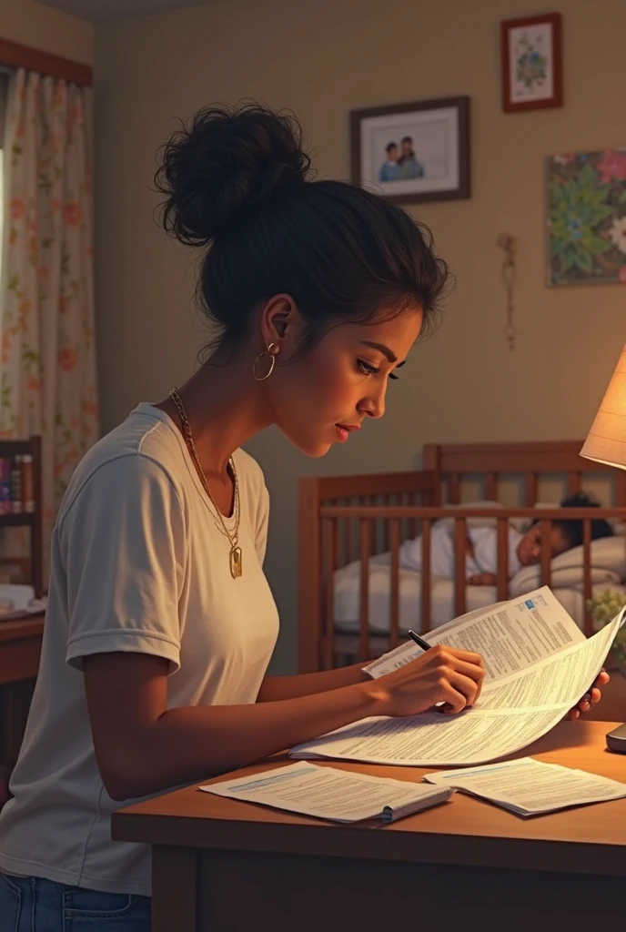 A 4k masterpiece hyper realistic, ultra detailed, fine grain, photo of beautiful 18 yrs South Indian girl, full body, in blue denim jeans and deep neck black top, shoulder length, stylish, open brown straight hairs, red bindi, full mouth, sitting on table near French window of library, preparing notes from scattered books. She faces camera, intense focussed look.