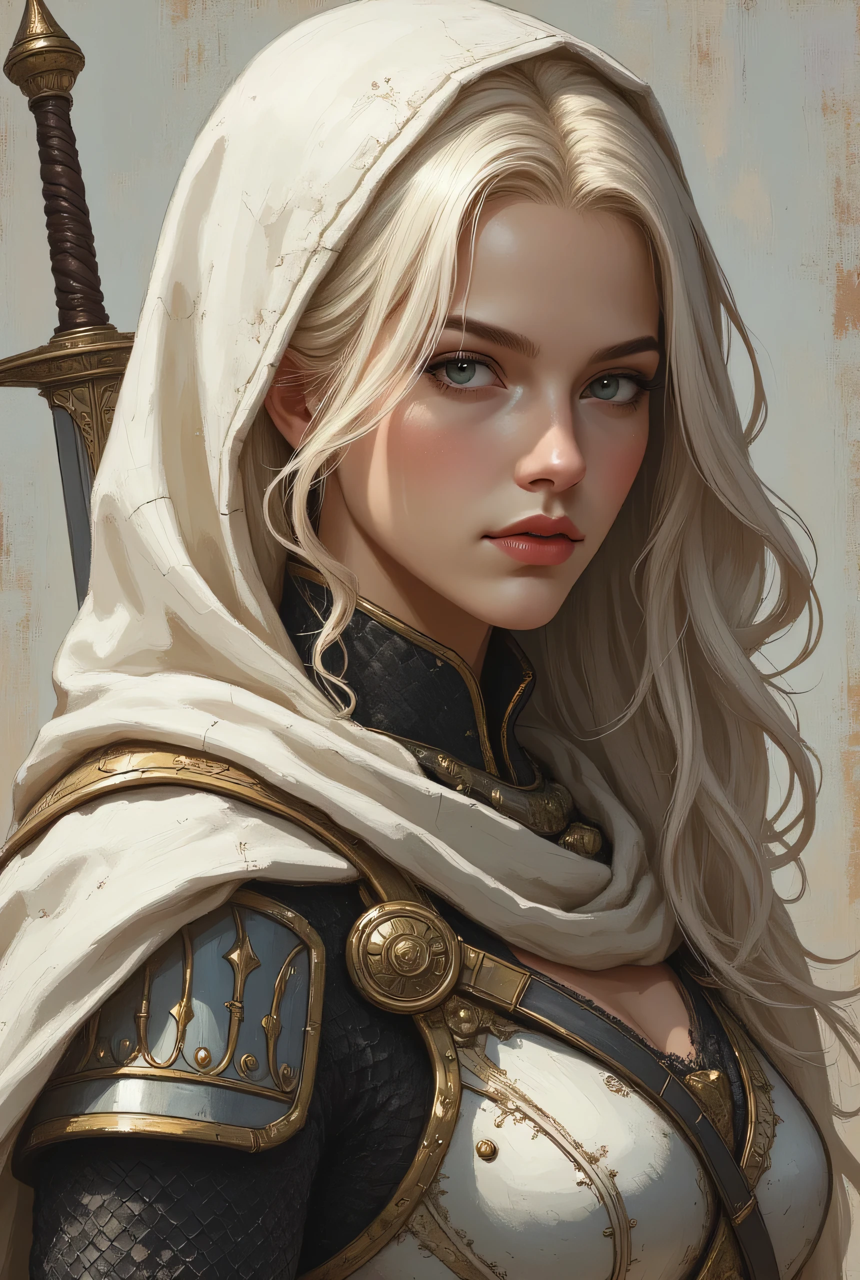 Score_9, score_8_up, score_7_up, ((highest quality)), ((masterpiece)), (be familiar with), Perfect Face, (High definition), (Best Shadow), 8k, cinematic, (Realistic:1.4),dramatic. Comic sex art. Luis Royo's style, arafed woman in armor with a sword and a hood on, magali villeneuve', a sexy blonde warrior, realistic fantasy artwork, of a beautiful female knight, fantasy character art, graphic artist magali villeneuve, hd fantasy art, fantasy woman, seductive cyberpunk dark fantasy, epic fantasy character art, hyperrealistic fantasy art, beautiful female knight, 4k fantasy art