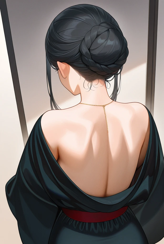 1 milf, long hair, wearing glasses, wearing a black backless dress, facing the back, HD