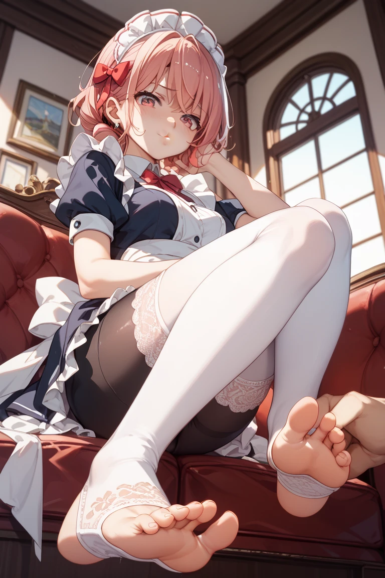 (higuchi_madoka),best quality, masterpiece,1girl,pantyhose,sofa,window, office,maid headdress,maid