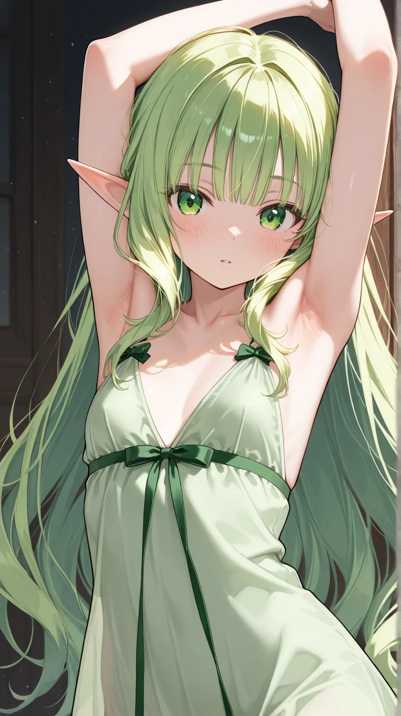 sweat, full-face blush,corruption, looking at viewer, (happy, smirk,smug, teeth,smile ), sitting, on bed, hotel room, nightgown,see-through, heavy breathing, wariza, riveria, very long hair,Young woman sitting and waiting for her boyfriend to stare at the camera, elf, long hair, kind smile, green hair, emerald green eyes, white shawl, shirt Green formal coat, black tights, (masterpiece),(best quality),extreamly delicate and beautiful,(realistic:0.5), high quality, 1girl, solo,solo_focus