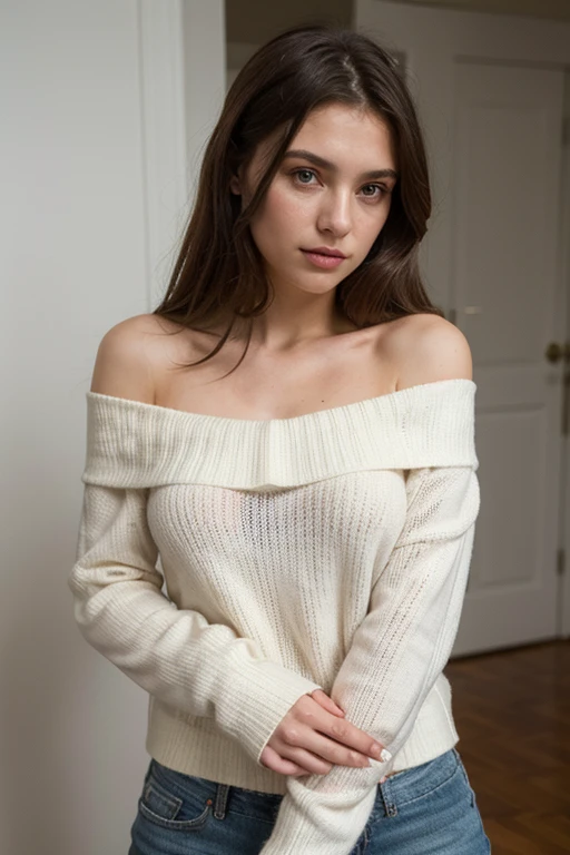 ((best quality)), ((masterpiece)), (detailed), 1girl, off-shoulder sweater,
