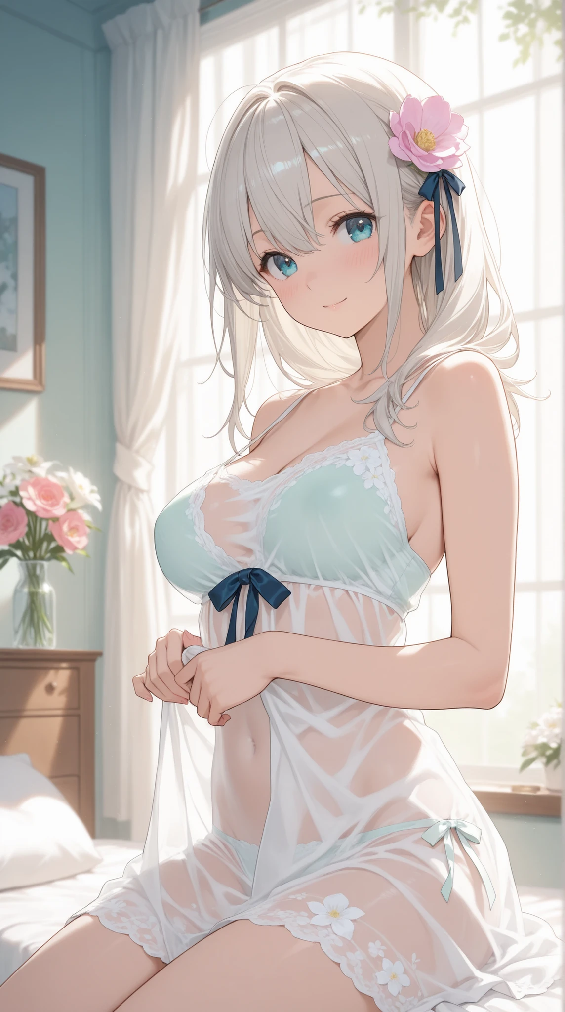A beautiful girl poses on a bed in a sexy negligee.The girl is 17 years old, beautiful and cute, with long white hair and clear features.Beautiful eyes and a mature aura that doesn't feel childish.Her breasts are a little large and her cleavage gives off an erotic vibe.She is wearing clean white lace underwear.She is wearing a negligee over her underwear that shows off her sexy underwear.He is sitting cross-legged on the bed.She looks embarrassed to be seen.There was a glass window right next to the bed, and the morning sunlight shone on her.White lace curtains fluttering softly in the wind,The beauty and luster of a girl's hair,Beautiful skin and youthful moisturized texture、The beauty and texture of the negligee, the aesthetics of transparency,The beauty and cuteness of underwear,The background of a girl's impersonal room,( Highest quality, ultra high definition, masterpiece, best quality, 16k).Ultra detail,Ultra-fine painting, Super Fine View,Cinema lighting,Professional photo resolution, beautiful girls