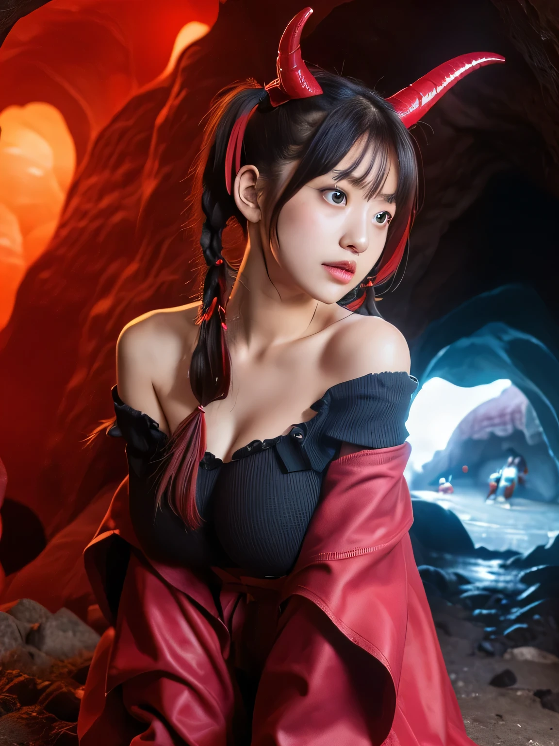 (((Fallen Angel))) niece、(((Big Breasts)))、(((demon beast horns growing)))、((red glossy((Off Shoulder Armor ))、(((Bare Quay、Inside the cave)))、(((twin tails)))、(((Looking into the distance)))
