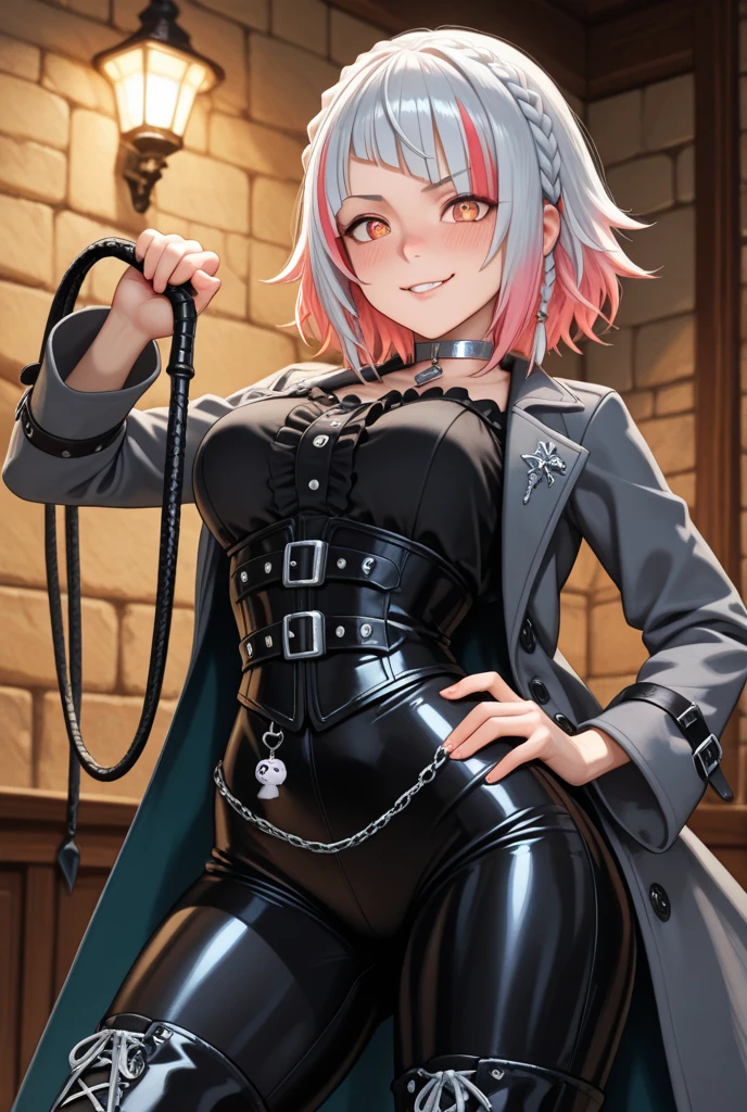 dark fantasy anime illustration of a (mature MILF BIMBO albino skin and short white hair), (FULL BODY) perfect face, wearing tight leather stealth armor, stalking, BIG KNOCKERS CLEAVAGE,  smirking smile red blush red cheeks, , kneeling, , leather black collar slave, ((BLACK background)) WITH KNOCKERS on glass, glass window fog water drop, hands behind body, metal handcuffs, black choker collar, thigh highs, long legs, metal ankle, metal sandals, metal shoulders, standing straight symmetrical against glass