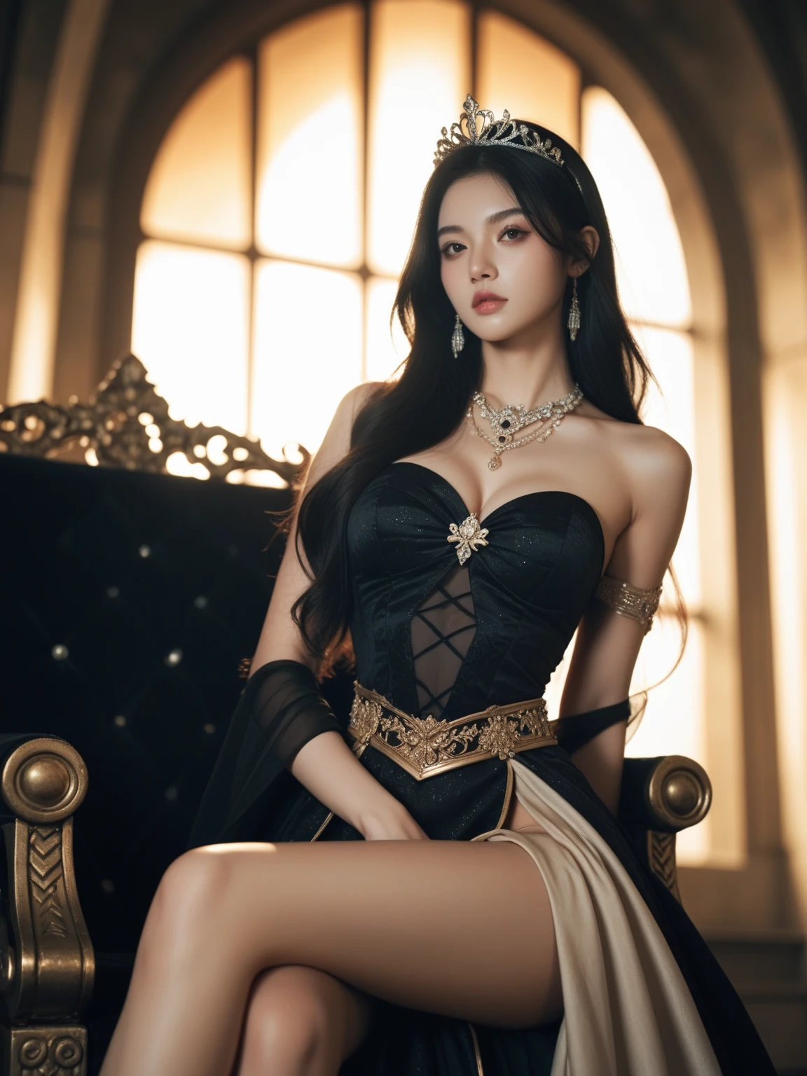 Egypt、Cleopatra、(Legs wide open)、Sitting on the throne、Wear colorful, extravagant clothing、Open chest、I'm not wearing anything underneath、See-through、Full Body Shot、20th Ayaka、NiziU AYAKA、 4K、1People Women、slender、 Loose, wavy styling 、Fascinating and attractive、Including the texture of the face and skin.,Detailed eyes