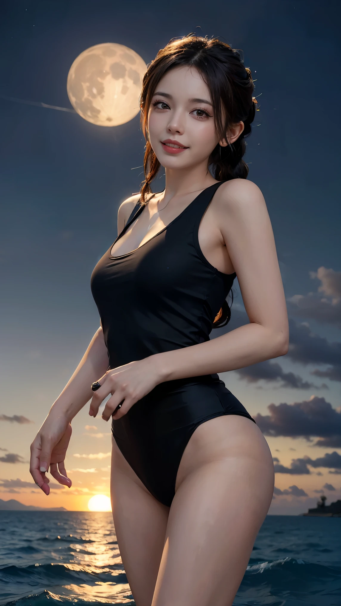 4K resolution, 8K resolution, beautiful, Highest quality, Absolutely wonderful, Very detailed, Ultra-high resolution, masterpiece, RAW Photos, Realistic, Depth of written boundary, Cinematic Light, One elegant mature woman, Long black hair, 精巧なディテールのbeautiful顔, A calm and loving face, Transparent white skin, Very sensitive skin, Great proportions, Glamorous Body, Anatomically correct body, Shapely large breasts, Shapely ass, Firm thighs, High leg swimsuit, Summery design, Beautifully detailed pattern, Detailed cloth texture, Night sky background, Dark sandy beach at night,