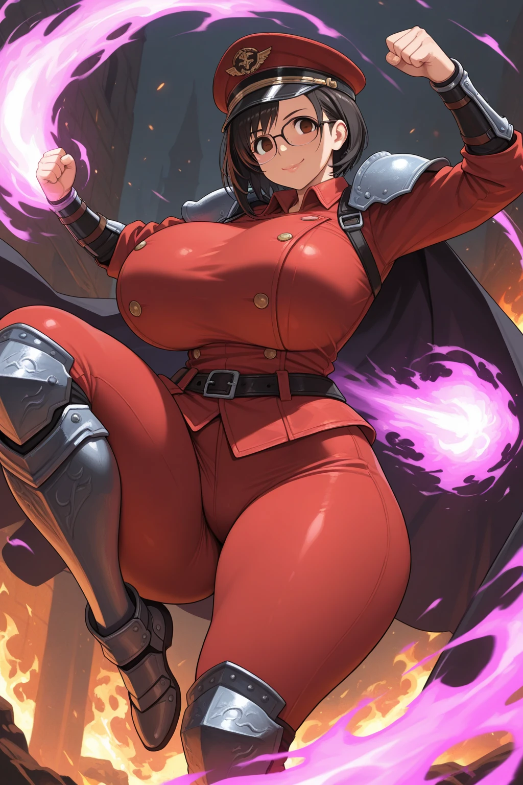 (masterpiece, top quality, best quality, beautiful and aesthetic:1.2), annon, bimbo, bimbofied, bimbo lips, bursting_breasts, busty, choker, high_heels, huge_ass, huge_breasts, midriff, thick_lips, thick_thighs, top_heavy, wide_hips, lips, bra, thong, platform heels, revealing clothes, underwear, brainwashing, happy trance, fingernails, long fingernails, jewelry, necklace, bracelet, lingerie, croix meridies, 1girl, solo, short hair, purple hair, green eyes, makeup, closed mouth, medium breasts, cleavage, neckline, black bra, white shirt, red_ribbons, detached sleeves, long sleeves, black pants, red _boots, Tactical Belt Bag, red cape, full body