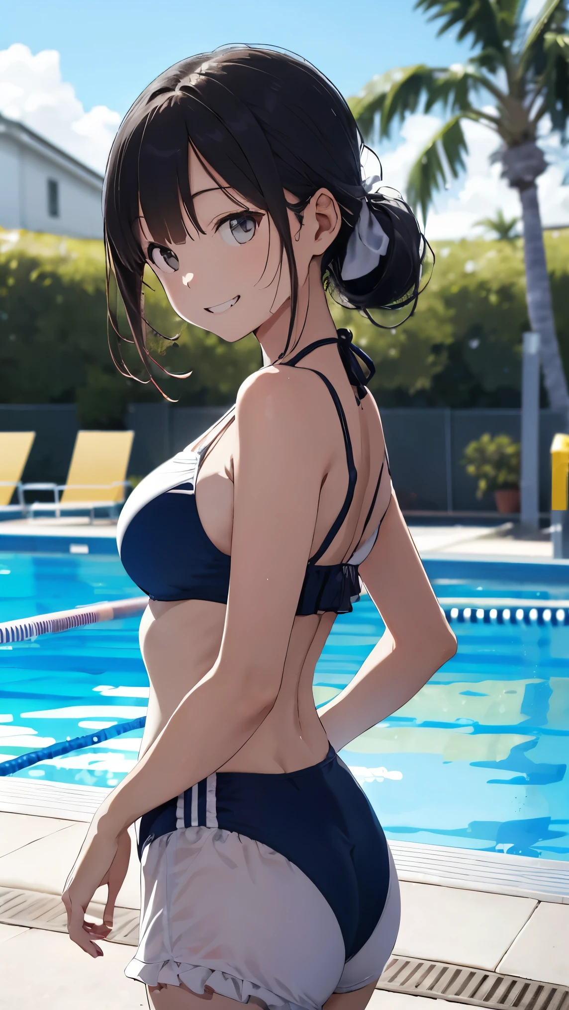 best quality, masterpiece, (独奏:1.2), (1 Female:1.2)、Age 25、(Larger breasts)、(Slender figure)、(Maid Style)、(bikini:1.3)、(Wear a hat)、(Resting by the pool:1.3)、(sitting in a chair by the pool:1.3)、(from side)、(Looking far away:1.3)、(Thighs)、(belly button)、(White highlight in pupil:1.2)、(Dark blue eyes)、(Black-haired:1.2)、(short hair)、(Brown Skin:1.3)、(Dark Skin:1.2)、(Wet Skin)、(blush)、(A shy smile)、(Blur the background to make the woman stand out:1.3)、(Soft Light)、(Summer blue sky:1.3)、(Poolside in the mansion)、(The wind is blowing:1.3)