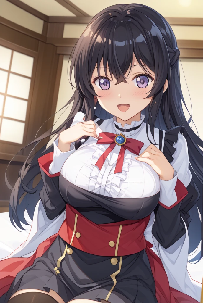 ((masutepiece, Best Quality, hight resolution, nffsw, Perfect Pixel, depth of fields, 4K, )), 1girl in, Solo, , Beautiful anime girl, Beautiful Art Style, 
very low view angle:1.3, view from below:1.5, sky from below:1.5, living room background, 
Perfect body, happy face:1.5 portrait:1.4, goth dress, smug, open mouth,
yukinoshita yukino, large breasts, 

Full face blush, red face, 
straight on:1.3, medium shot