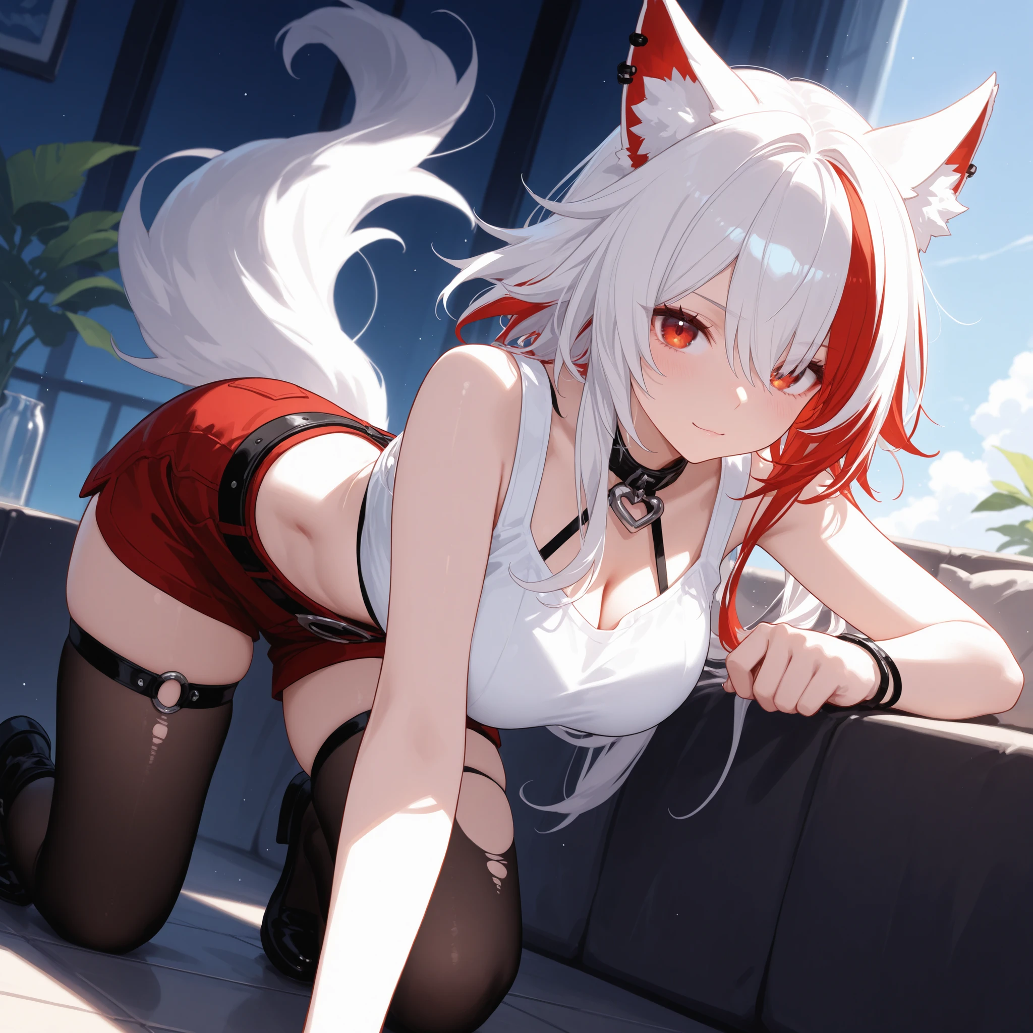 Silver-haired red eyes、 girl、Small breasts、ponytail、Fox Ears、There is a bell around his neck、smile、Beautiful feet、Sexy thighs、Showing armpits、girl、Small breasts、ponytail、ニコニコsmile、Looks about 15 years old、Petan Musume、He is short