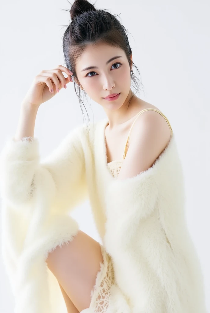 highest quality:1.3, masterpiece, Ultra-high resolution, realistic:1.3, solo:1.3, ((Clear Face)), sidelighting, cowboy shot, Toned body (looking at camera:1.3), white background, (open cardigan, black leather miniskirt), standing, Showcasing cleavag, arms at sides, (medium busts), smile