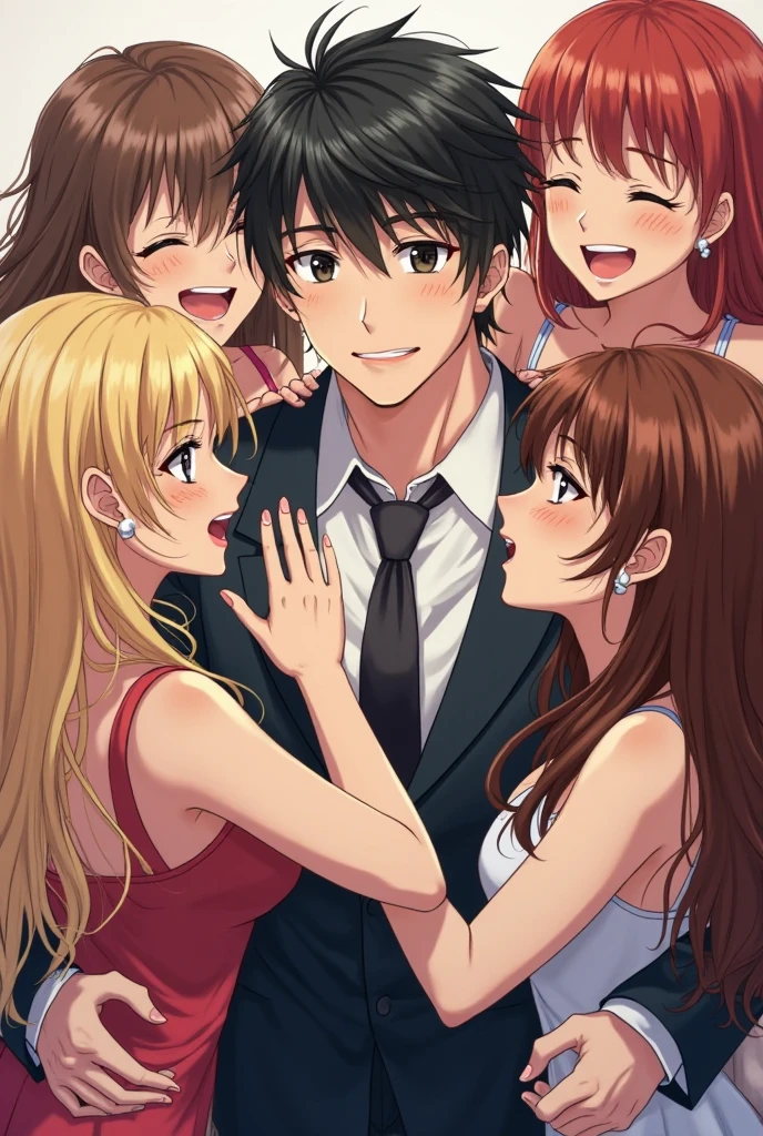 Make an anime image of a character in the middle with several characters around him flirting with him