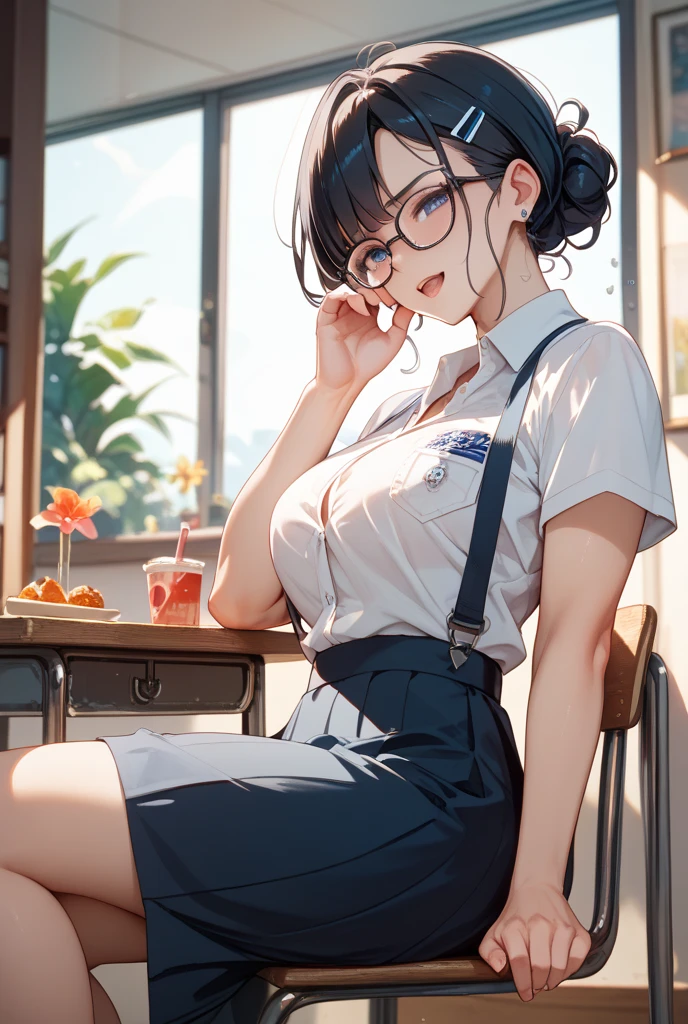 top-quality、Top image quality、masterpiece、girl with((cute little、18year old、Best Bust、Medium bust、Bust 85,Beautiful blue eyes、Breasts wide open,Black Short Sleeve T-Shirt、White see-through、Black short skirt、Ponytail with black hair、Beautiful blue earrings、A slender、Blue hair mesh、sparking eyes,sit a chair、Meet your audience face-to-face、Leaning forward、Cheers、Poses that emphasize breasts、Fiddling with glasses、Drunken look、pouty))hiquality、Beautiful Art、Background with((Red and blue lighting、Stylish restaurant at night、Stylish table、White Wine Bottle、White Wine Glasses)),masutepiece、Elaborate design、visualart、depth of fields、The best lighting、highestdetailed、8k