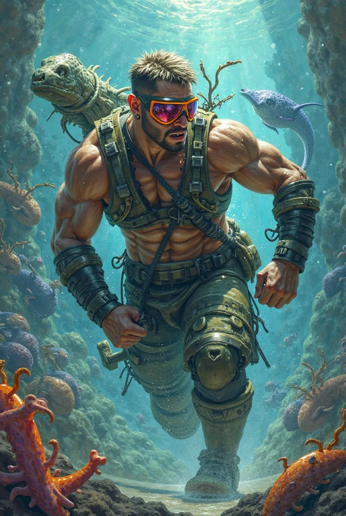 (masterpiece, high quality, 8K, full body) male, muscular male, muscle detail, biceps, huge biceps, abs, armpits, faceless, faceless male, masked, helmet, cyberpunk mask, cyberpunk helmet, helmet covering all of face, on helmet, beach shirt, shortpants, casual shoes, socks, gloves, peace finger, dynamic pose, squat pose, beach background background , alone