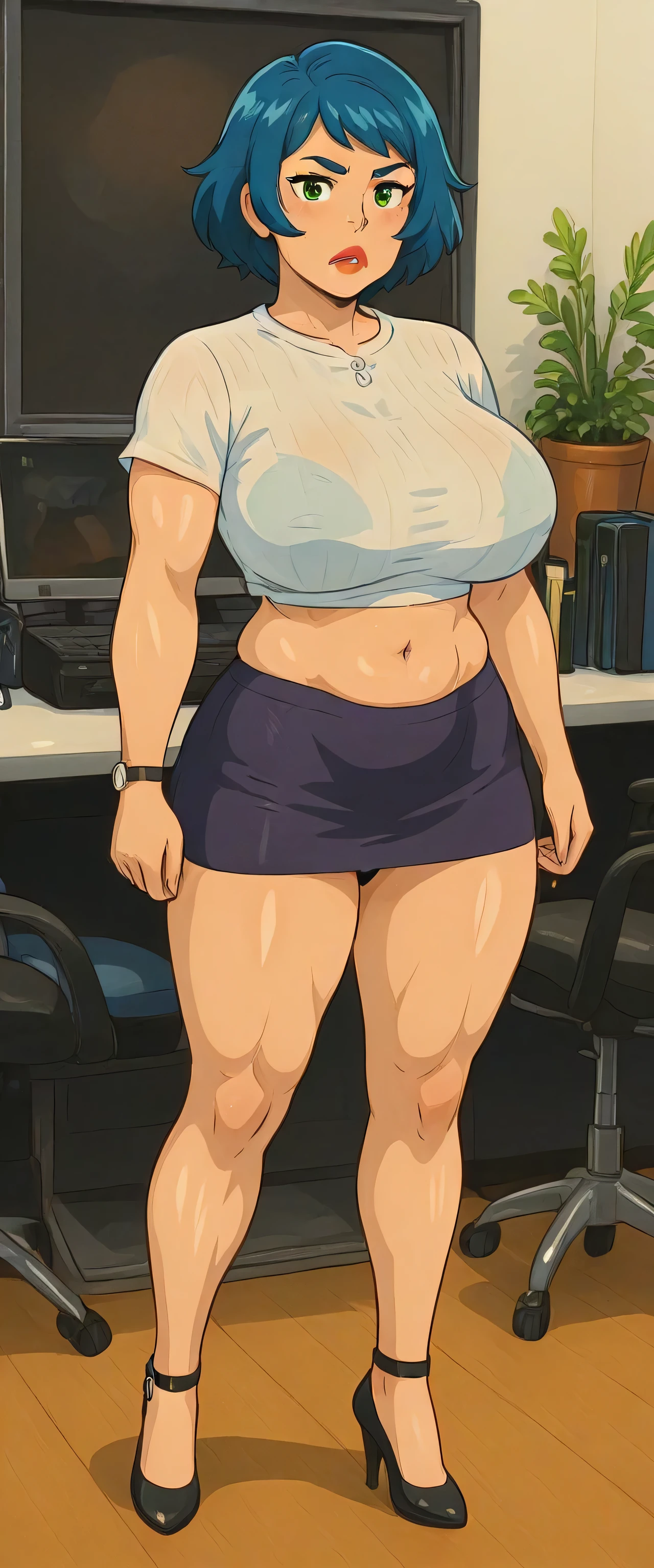 Ultra deluxe evolution A sexy office girl attractive big breasted beautiful blossoming blue hair short clear her green eye red lip wears white button shirt cut her navel and a purple mini skirt short big muscle sensual black heel