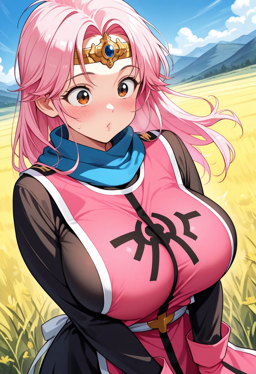 masterpiece, best quality, priMaam, medium hair,ponytail, blue scarf, circlet, short dress, pink tabard, black sleeves, belt, gloves, looking at viewer,large breasts, large hip,BREAK,nsfw,1girl,solo,embarrassed,in heat,closed eyes tightly,blush,sweat,dropping sexual fluids, ((((vulgarity)))),((trembling)),BREAK,spread legs,((grab pussy)),female masturbation,cover mouth with hand,skift lift up waist,show pussy,focus pussy,looking through legs,BREAK,village,forest,lean against a tree,behind view