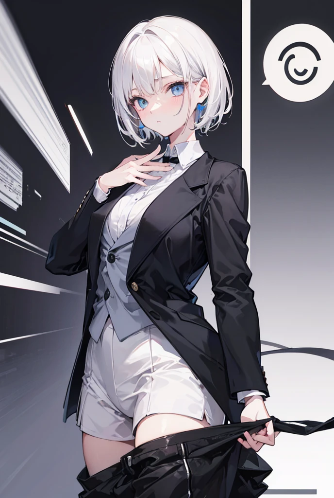 Superb Creation, High Resolution, Best Quality, UHD, Super Detail, Award-Awarded, 16k, (Upper Body), A Beautiful Maiden, Gray Hair, Hair, ((Heterochromia)), Hanging Corners, Fair Skin, (Small Breasts), (Slim Body), (Japanese Student Uniform with Short Chest Jacket and Small Suit and Short Skirt)), (Neck Ring), (Short Gloves as Short as Half a Palm)