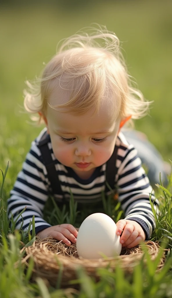 summer, green grass, colorful eggs around, a boy in blue pajamas holds a small yellow chicken in his hands, realism, Easter