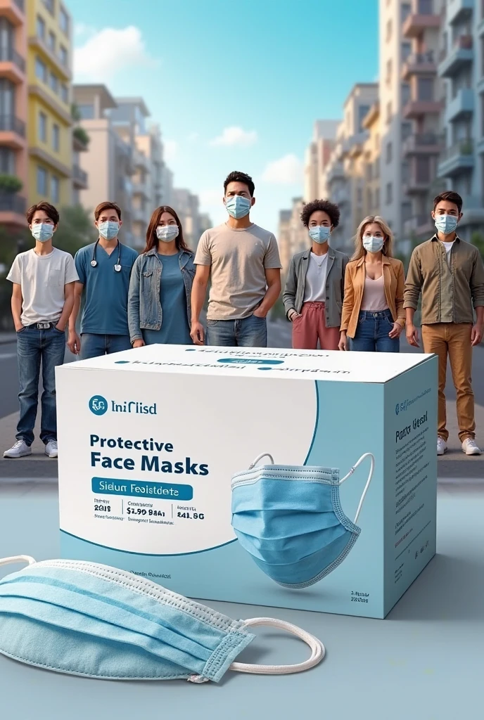 Create an advertisement of 4 people wearing a plusconfort brand mask and holding a plusconfort brand mask box packaging with a person wearing a mask on the cover