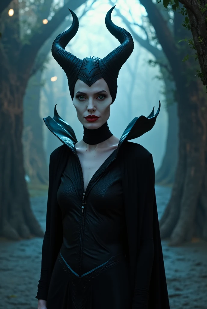 Maleficent in her dragon form, in the nude, her naked form, in a forest, non human features, her hands are dragon claws, pronounced cheekbones, very pale eyes, her body is all black scales, nude, pronounced breasts,