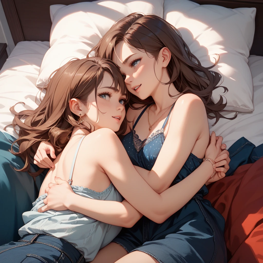 ((best quality)), ((masterpiece)), (Detailed description): girl with long, luscious locks is the center of attention in this illustration. She is wearing a deep V-neck camisole top that accentuates her decolletage, and her jeans trousers hug her curves in all the right places. The boy, also depicted in detail, is lying with his head resting on the girl's belly, gazing up at her with adoring brown eyes. He is dressed in a well-fitted shirt and trousers. The couple exudes a charming aura, making for a cute and endearing scene. The illustration is rendered in high definition, every detail