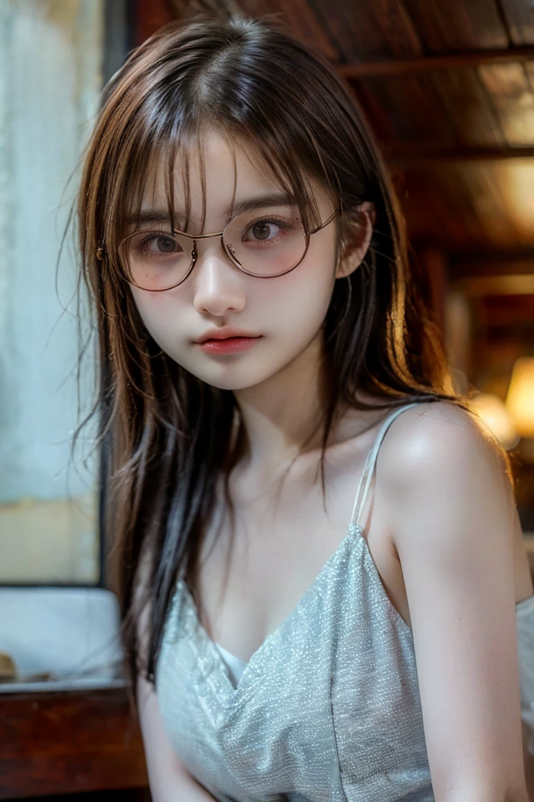 (masterpiece), ((Ultra-realistic, Best Quality, high quality texture:1.2)), Photorealism, 8k wallpaper, RAW photos, (((sexy girl:1.3))), (((Very perfect and beautiful face))), Secretary-like hairstyle, (Cleavage:1.1), Revealing Business Suit, (secretary), (((Wear glasses, Adjust position of glasses with the right hand:1.3))), soft smile, Facing the camera, look shyly at the viewer, seductive eyes, detailed eye, blur background, cinematic lighting, beautiful clavicle, natural side lighting, Soft Light, white skin, Ultra-detailed,