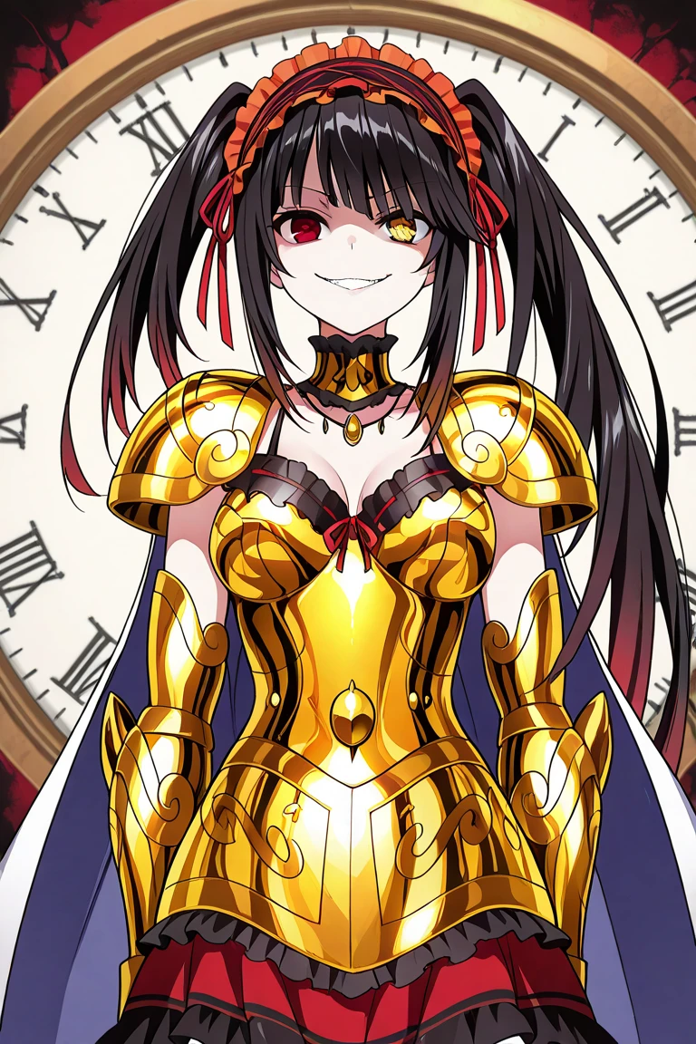 (masterpiece, top quality), 1girl, tokisaki_kurumi, twintails, clock_eyes, long_hair, black_hair, yellow_eyes, red_eyes, heterochromia, headband, ta_mode, ta_headband, symbol-shaped pupils, loose hair, necklace, ribbon, red_ribbon, sexy, attractive, creepy smile, capricorn armor, golden armor, Cloak