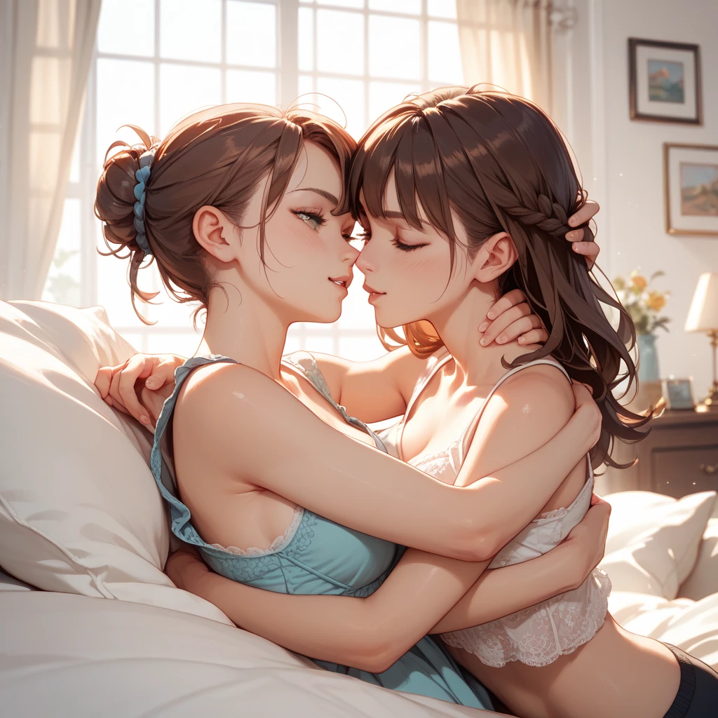Female couple kissing in bed with woman in white shirt, (SFW) Work, kissing together cutely, Girl Love Art, OPPEIN, Side milk, Slightly saggy big breasts, small breasts, long golden curly hair, Shoulder-length brown side-parted short hair, girl love kiss, The mouth is very detailed,  girl love hug, touch her clothes, touch her breasts, SFW version