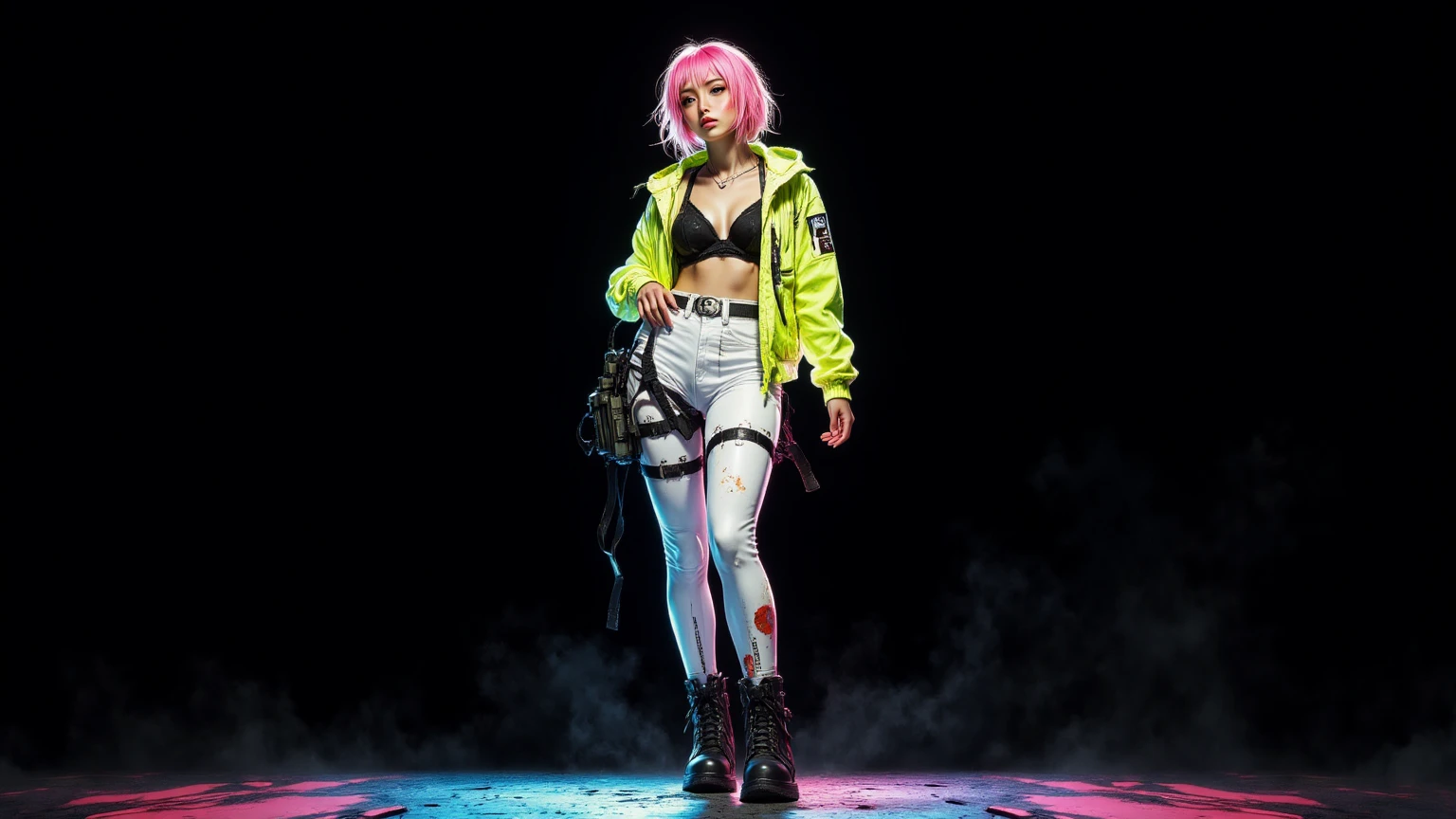1girl, portrait, sitting, (pleated skirt, yellow green retro bomber jacket 80s), solo,cyberpunk, official art, unity 8k wallpaper, ultra detailed, beautiful and aesthetic, masterpiece,best quality, glowing skin, (floating colorful sparkles:1) the most beautiful form of chaos, elegant, a brutalist designed, vivid colours, romanticism, <lyco:[LoHa] Cyberpunk 2077 Anime Style (With multires noise version):0.6>