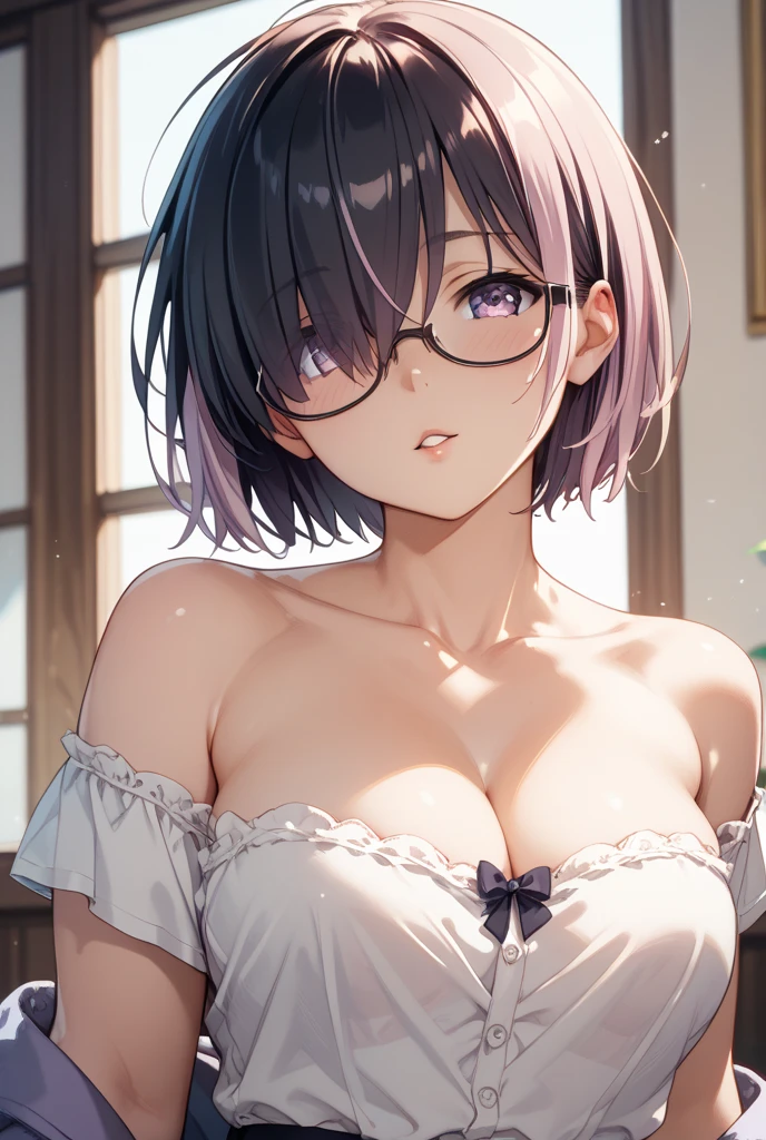 Shizuku Murasaki, 1girl, black hair, short hair, eyewear, large breast, ((tight black long sleeve , turtleneck, see-through)), bra, upper body, looking at view, from below, (masterpiece, high resolution, best quality, anime screencap, anime colored, 8k, photorealistic), denim, inverted cross chain necklace