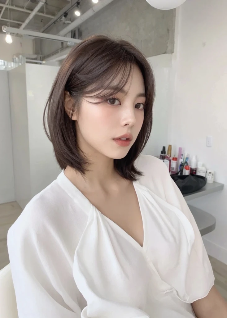 ((Best Quality, 8K, Masterpiece: 1.3)), Sharp: 1.2, Perfect Body Beauty: 1.4, Slim Abs: 1.2, ((Layered Hairstyle, Big Breasts: 1.2)), (Wet White Button Long Shirt: 1.1), (Rain, Street: 1.2), Wet: 1.5, Highly detailed face and skin texture, detailed eyes, double eyelids, side face looking at the camera