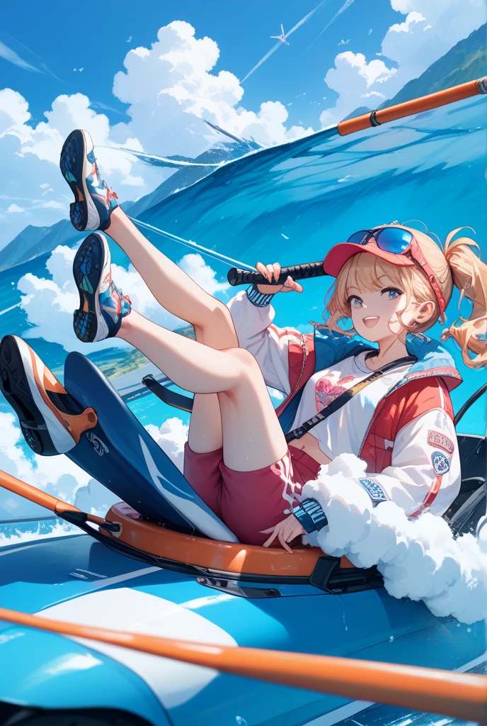((Top quality anime images)), ((masterpiece)), Beautiful woman enjoying parasailing,high resolution,Beautiful background