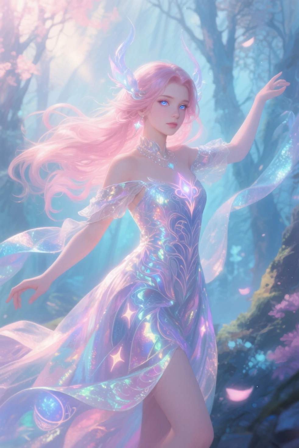1girl, Amidst a moonlit forest, a young girl with flowing, pastel-colored hair stands surrounded by a swirl of sparkling stardust. Clad in a shimmering, frilly dress adorned with intricate magical symbols, she wields a staff that radiates a soft, ethereal glow. Her eyes glow with determination as she prepares to unleash her extraordinary powers against the forces of darkness.