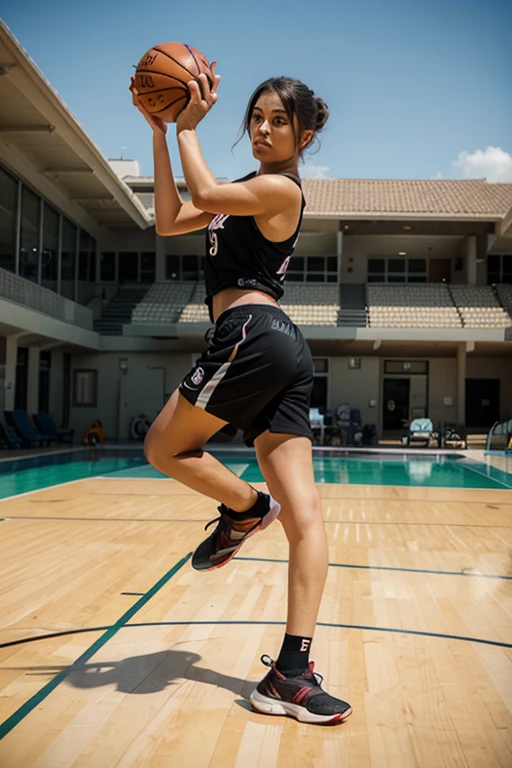 a stunning 20 year old white girl, outdoor basketball court, beautiful model, beautiful smile, perfect legs, dark red loose halter top and tiny sexy black yoga shorts, air jordans