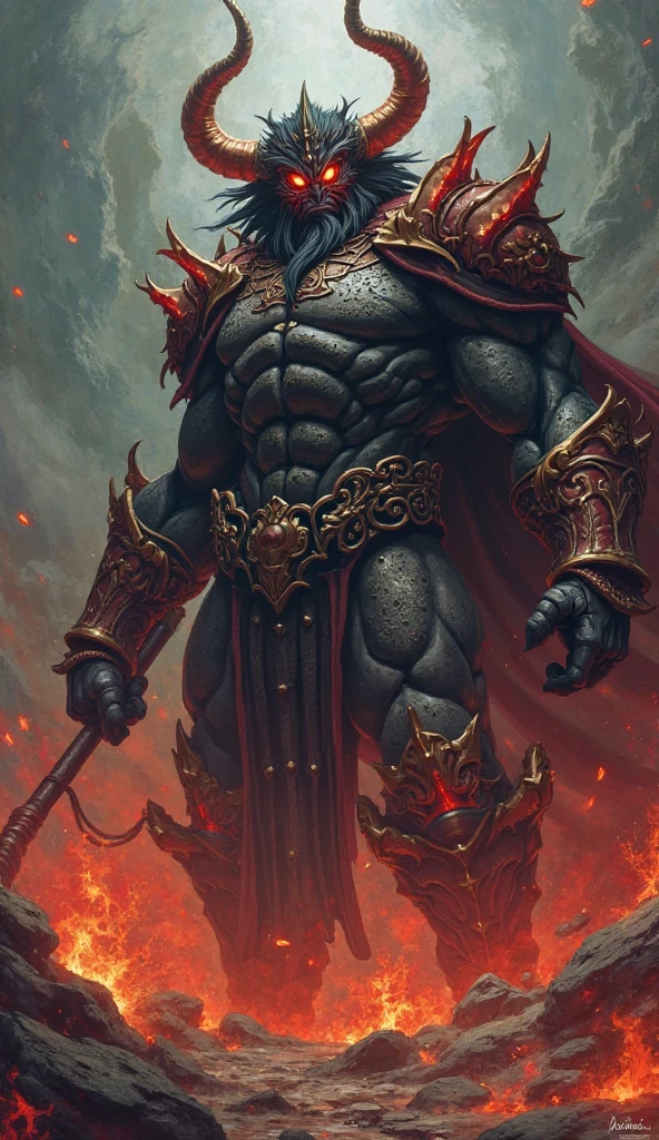 top-quality、Top image quality、masterpiece、Diabolical((Black cloak、well-muscled、best macho、full body chain、Angry eyes、Red blood、fighting poses、lava body,Body of Flame、Skeleton head、Holding a flaming sword in his right hand、Flame shield held in left hand)),hiquality、Beautiful Art、Background with((A crumbling city、the City of Fire)),masutepiece、Elaborate design、visualart、Perfect Art、Horror movie style、