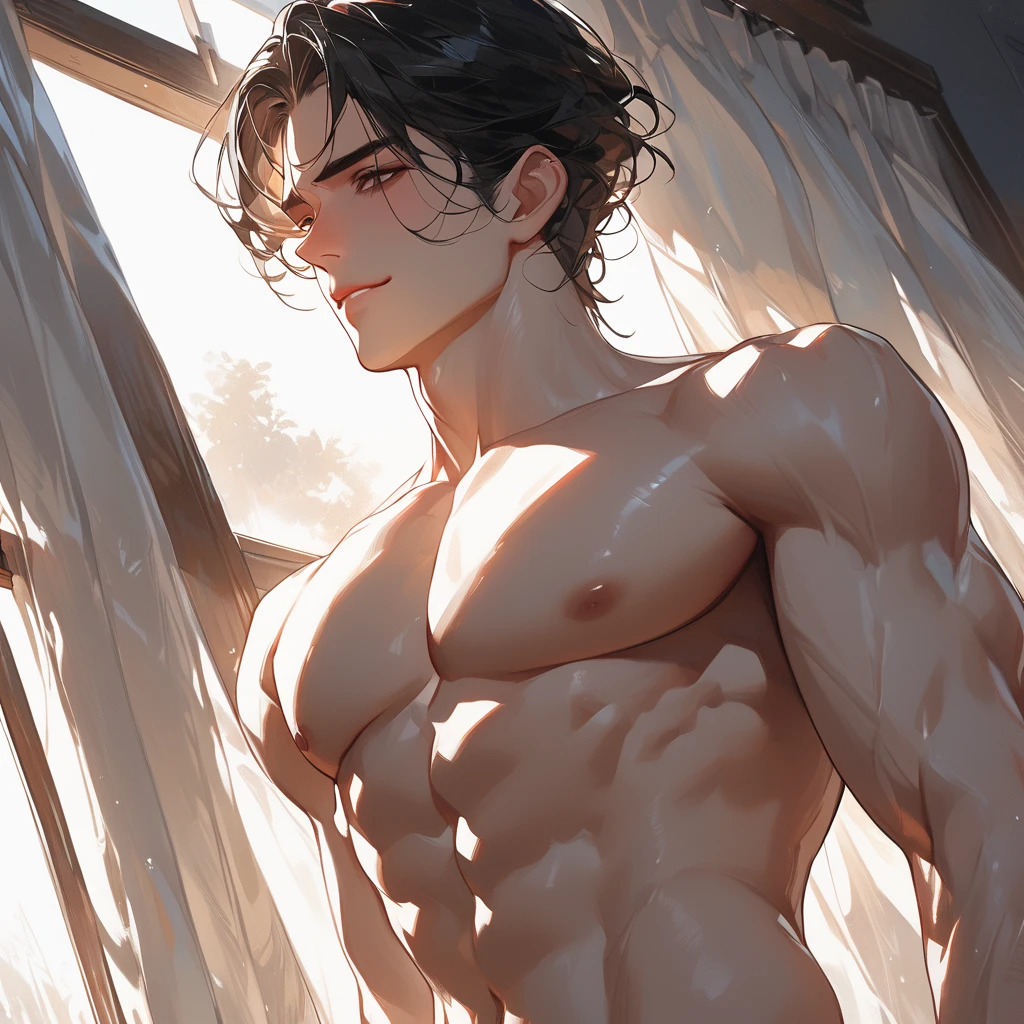 Hombre, musculoso, joven, recostado en una pared, en una cama, mirando hacia arriba, sonrojado, nervous expression