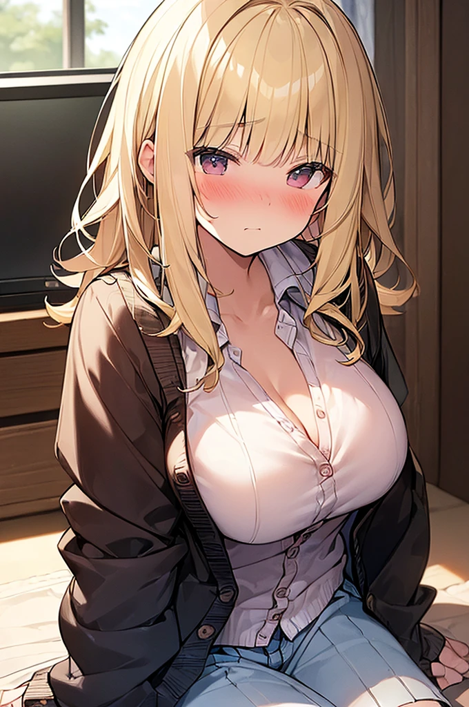 masterpiece, best quality, 1girl, solo, adult, blonde hair, long hair, golden earrings, pink eyes, detailed face, white unbuttoned shirt, black flower bra, large breasts, black pencil skirt, infront of viewer, empty look, (> <)