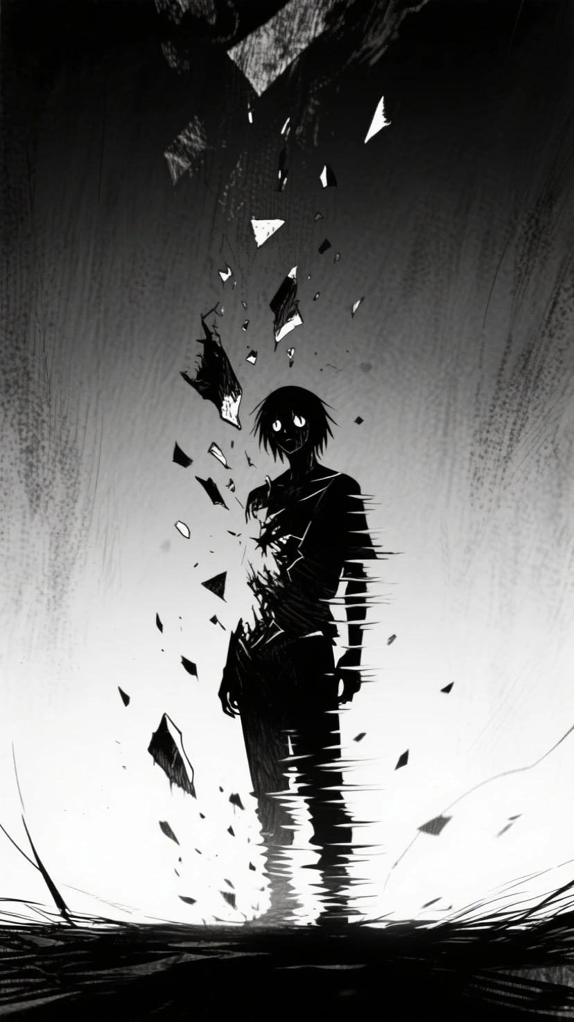 his face couldn't be seen, it was just pitch black
, glowing_white_eyes, normal skin but his face was covered in pitch black, carrying a shotgun behind his back,guy