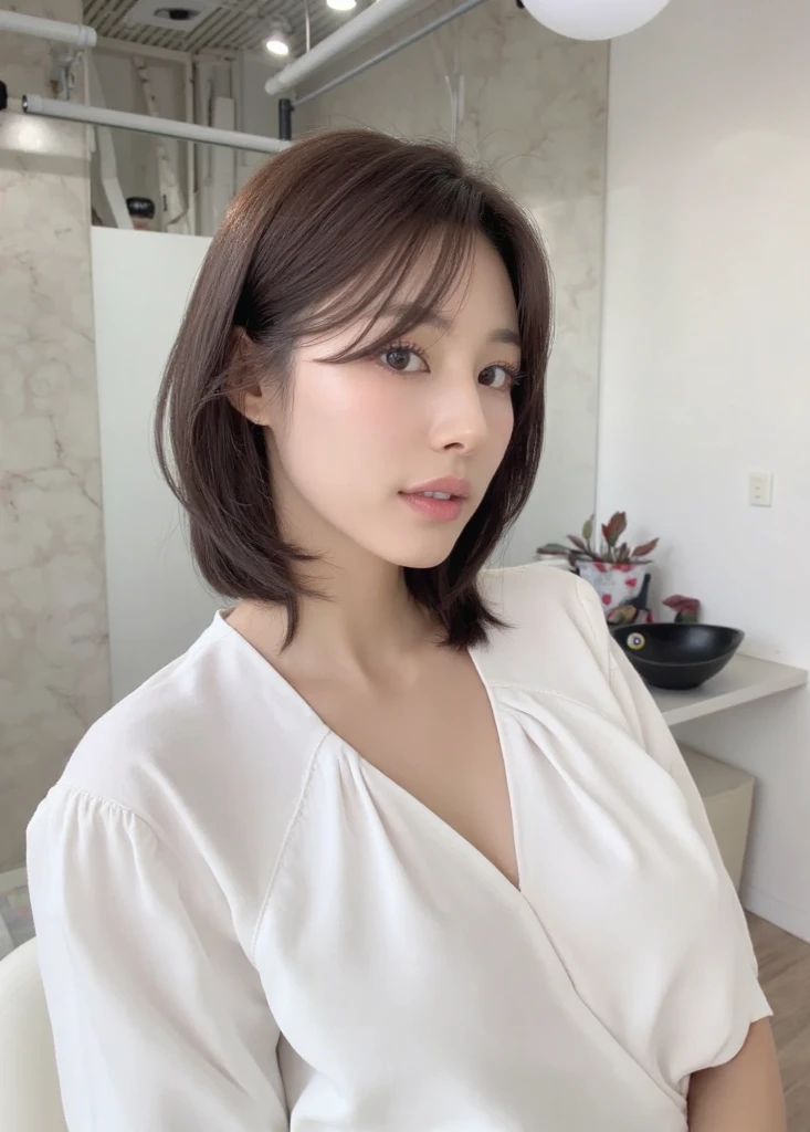 (masterpiece,best quality:1.4),(8k,raw photo,photo realistic:1.4),(super resolution), (absurdres),(shiny skin:1.3),detailed skin,detailed face,detailed eyes,(beautiful sparkling eyes:1.2),Symmetrical eyes,Detailed ear,1girl,((Japanese idol)),short hair,((beautiful face)),Detailed Background,Beautiful shiny hair,,(((Cute face))),((Beautiful teen)),(((leaning forward:1.2))),((Instagram cute Girl)),upper body,(Zoom in on face),,,beautiful face,,natual light,,(Very detailed ,trend design,online shopping,LUMINE® Market,),nsfw,Instagram Style,(((anochan))),indoor,flat chest,((front view))