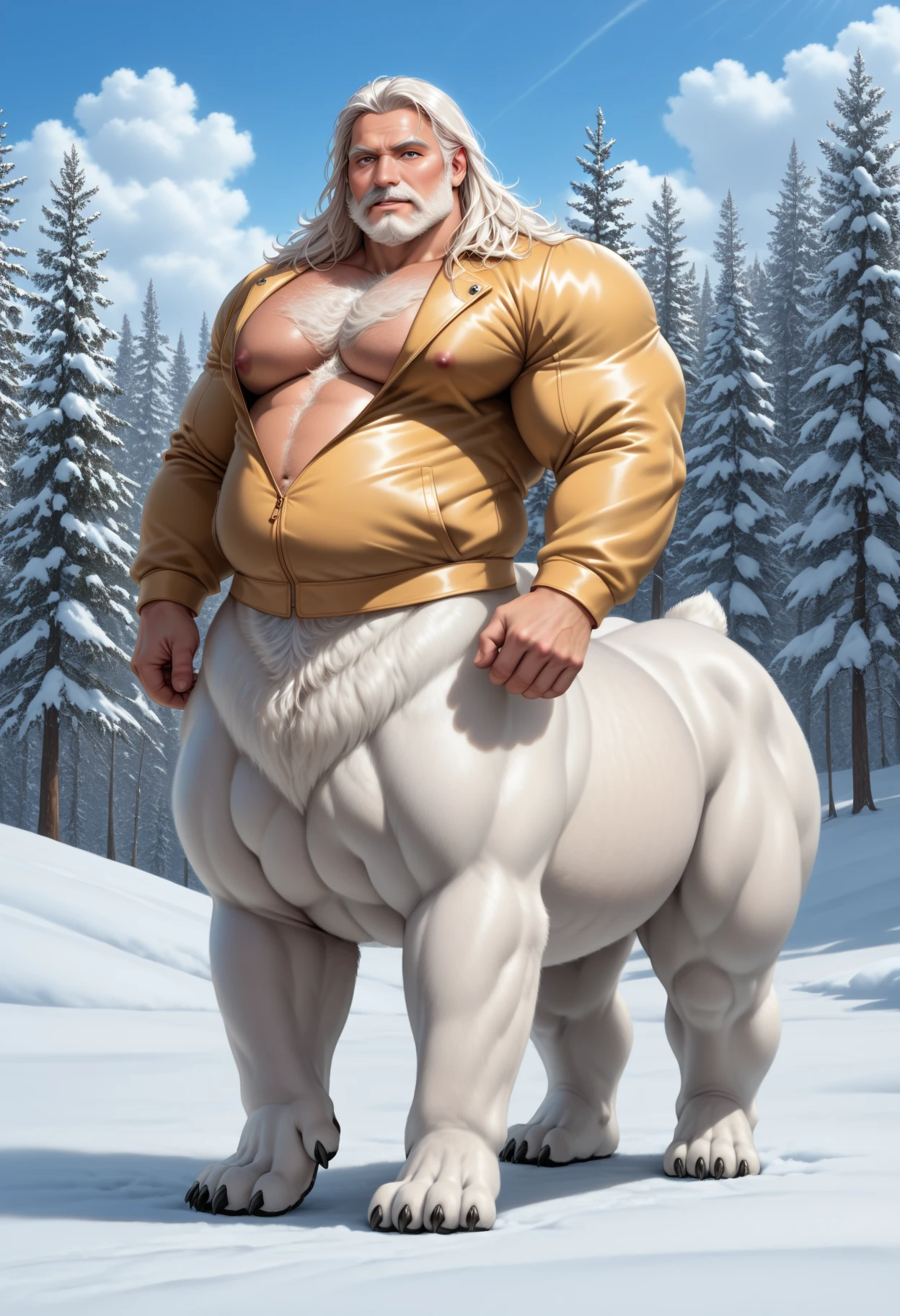 centaur, ramdomany place, chubby, big hooves, bright white fur, white hair, anatomically correct centaur, docked tail, human face, human nose, human eyes, equine hips, thick thighs, raised tail,  holding the tail, epic skin, epic fur, hyperrealistic, hyperrealistic skin human, hyperrealistic skin, hyperrealistic human nose, hyperrealistic human body human, hair hyperrealistic, hyperrealistic  face, 