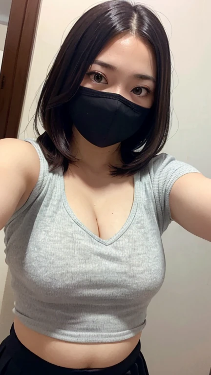 Shortcuts、((Married Woman))、With black underwear、Very obscene、((Selfie style in my room)),((student))、((Very young))、((very cute))、((So adorable))、((Please wear a black non-woven mask....)),highest quality, masterpiece, Ultra-high resolution, (Realistic:1.4), RAW Photos, Very detailed, Perfect Anatomy, 1 girl, 18-year-old, Famous idols of Japan, Front view, Crotch close-up,, ((Accentuate your breasts))