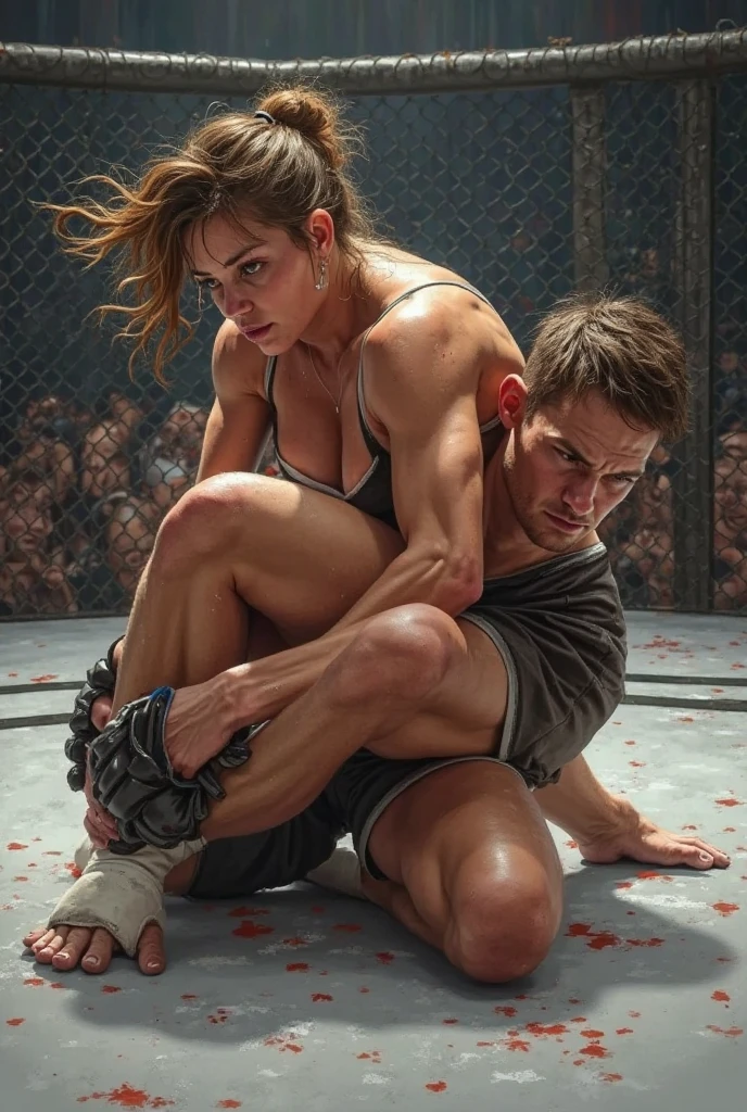 two person. His fist is against her stomach. Her body is being wildly beaten by him. a man and a naked girl is fighting in a octagon ring. a man is punching bloody pretty young japanese girl fighter so hard. she is dominated by him. she is crying and screaming. she has short-cut black hair, shortness of breath, drool from her mouth, closed eye, exhaustion, and sweat soaked. open finger grobe. full body. Muscularity. Six pack abs. Erect nipples.