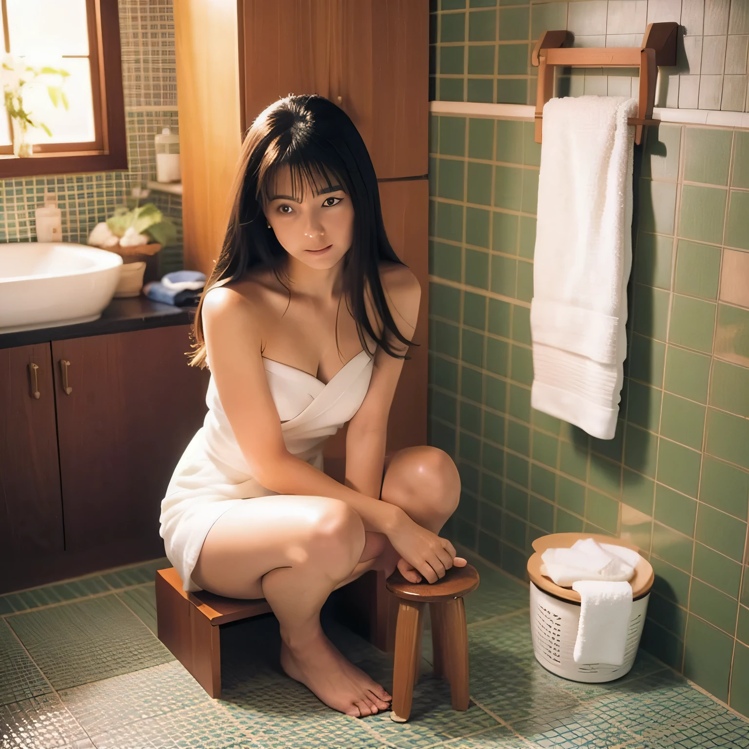 Bed in tiled bathroom、The prostitute is sitting、Highest quality、Realistic photos、Anatomically correct、Medical Beds、barefoot、camisole、Gravure photo