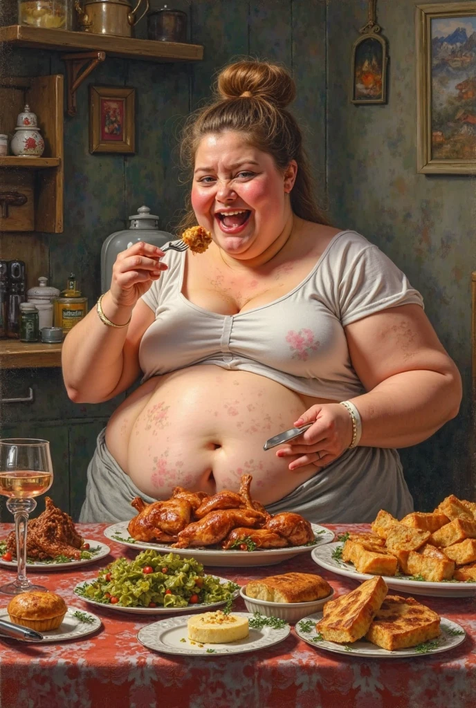 extremely morbidly obese woman, ssbbw belly, unrealisticly fat belly, naked, severe stretch marks on belly, cellulites on thighs, looking exhausted, beautiful thin face, beautful long curly hair, huge fat natural breasts, sweating profusely, naked, twice as fat as humanly possible, multiple belly fat rolls, love handles, muffintop, lifting her belly, 20 year old, unrealisticly extreme belly hang. belly hanging down to her knees, cola can squished inside sticking out of her belly button, standing infront of a table filled with fatty foods, looking excited at the food, belly fat resting on table