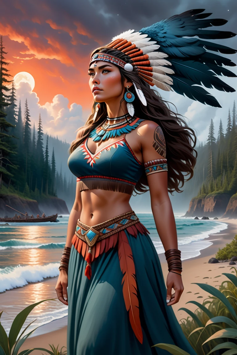 Pocahontas, Beautiful young Native American woman, Perfectly symmetrical face, Indigenous Feather Jewelry, Traditional handmade dresses((Big Breasts,Huge breasts,,Sexy cleavage,pointed chest)), Butt((You can see the crack of the buttocks))Armed Female Hunter Warrior, (((The pioneering days of America)Western Region))) environment, Utah Landscape, Ultra-photorealism, Concept Art, elegant, ((Complex)), ((Very detailed)), Depth of written boundary, ((Professional Color Grading)), Gentle indirect lighting, evening, 8k, Artgerm、Greg Rutkowski、Art by Alphonse Mucha